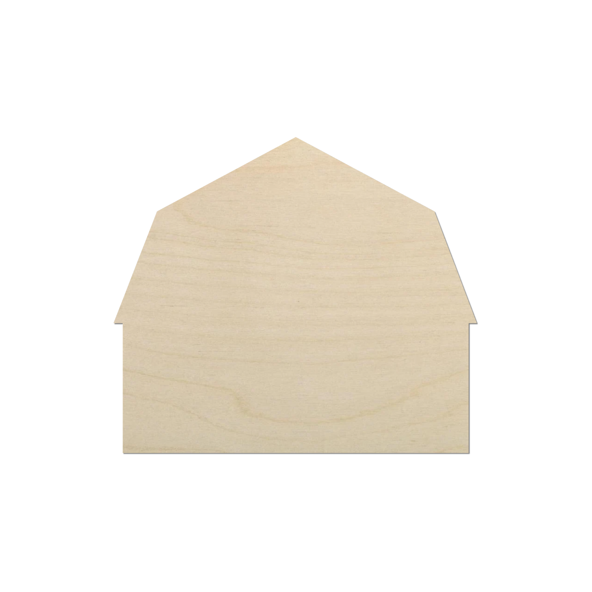 A simple, light-colored wooden barn-shaped object is shown against a white background.