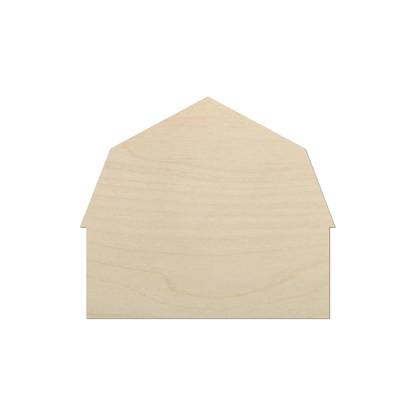 A simple, light-colored wooden barn-shaped object is shown against a white background.