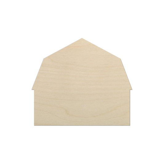 A simple, light-colored wooden barn-shaped object is shown against a white background.