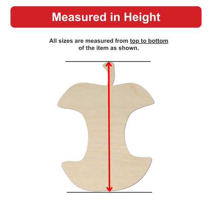 a wooden apple with a red line extending from the top to the bottom of the apple, indicating that all sizes are measured from top to bottom of the item as shown.