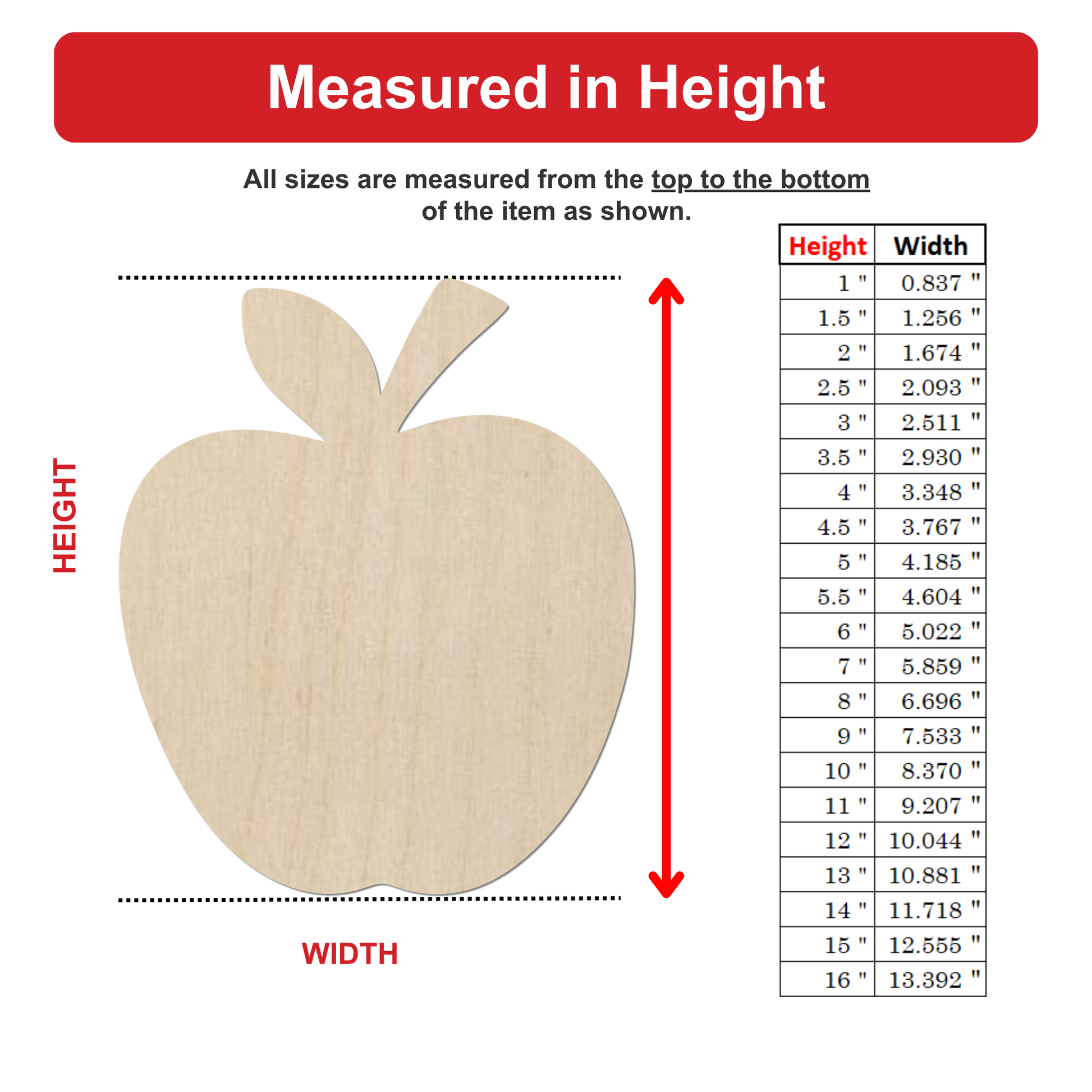 The image is a wooden apple with measurements listed below it.