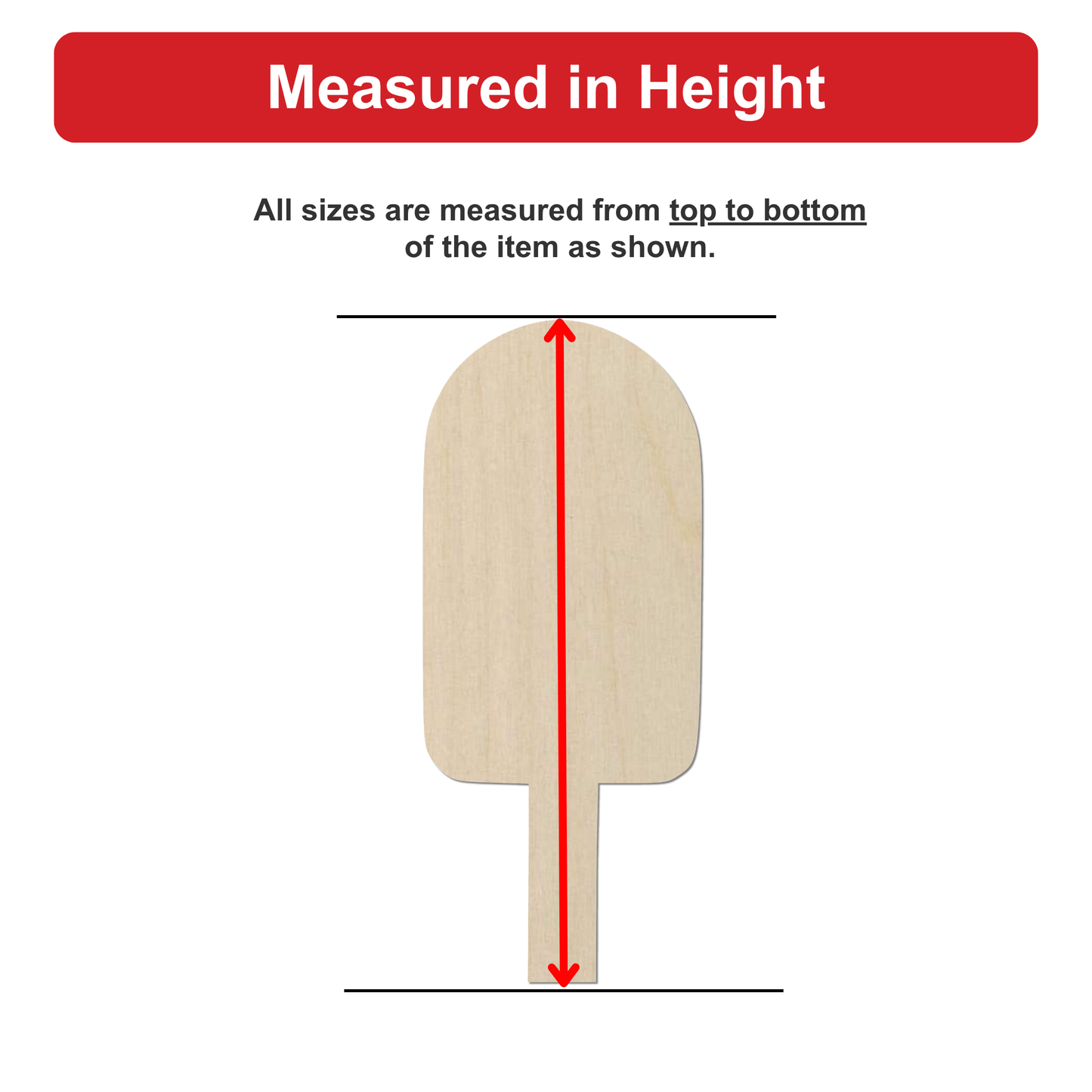 a wooden stick with a red line drawn on it, indicating that all sizes are measured from top to bottom of the item shown.