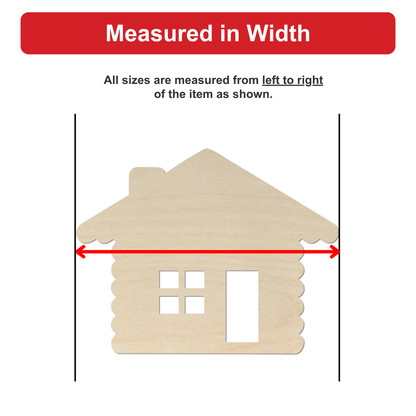 a wooden house, with a red line extending from the left to the right side of the house, indicating that all sizes are measured from left to right of the item shown.