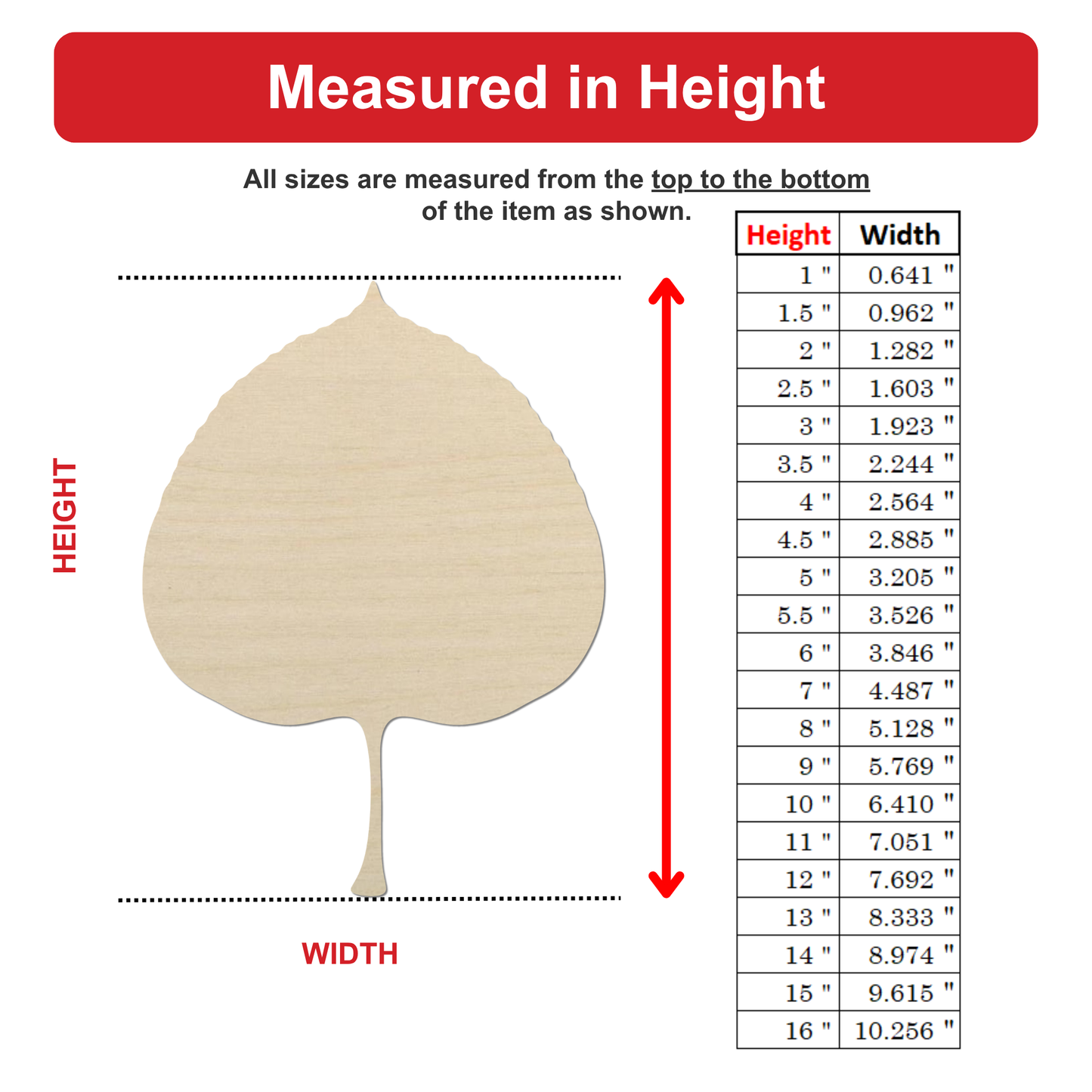The image is a diagram that shows the relationship between the height and width of an item, with a diagram of a leaf as the reference.
