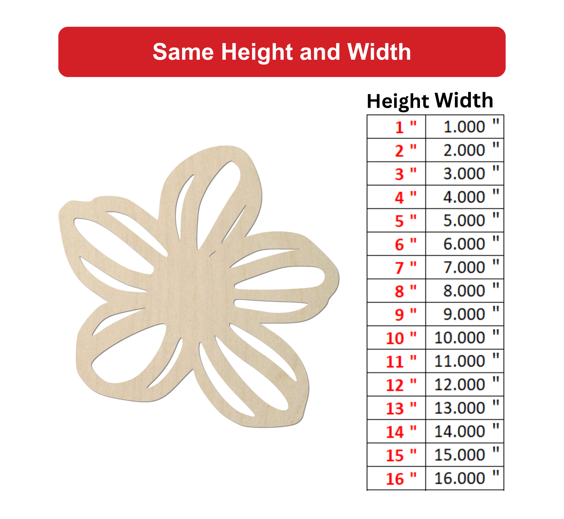 a wooden flower-shaped object with a table below it providing the corresponding height and width measurements.