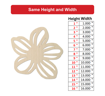 a wooden flower-shaped object with a table below it providing the corresponding height and width measurements.