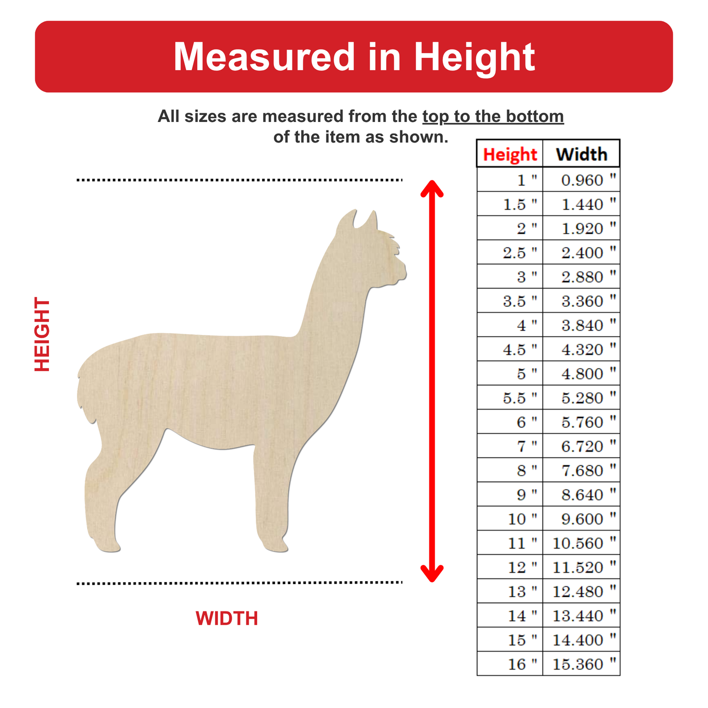 The image is a wooden model of a llama, with measurements provided in inches. The llama is shown from the top to the bottom of the image, and the widths are shown in inches as well.