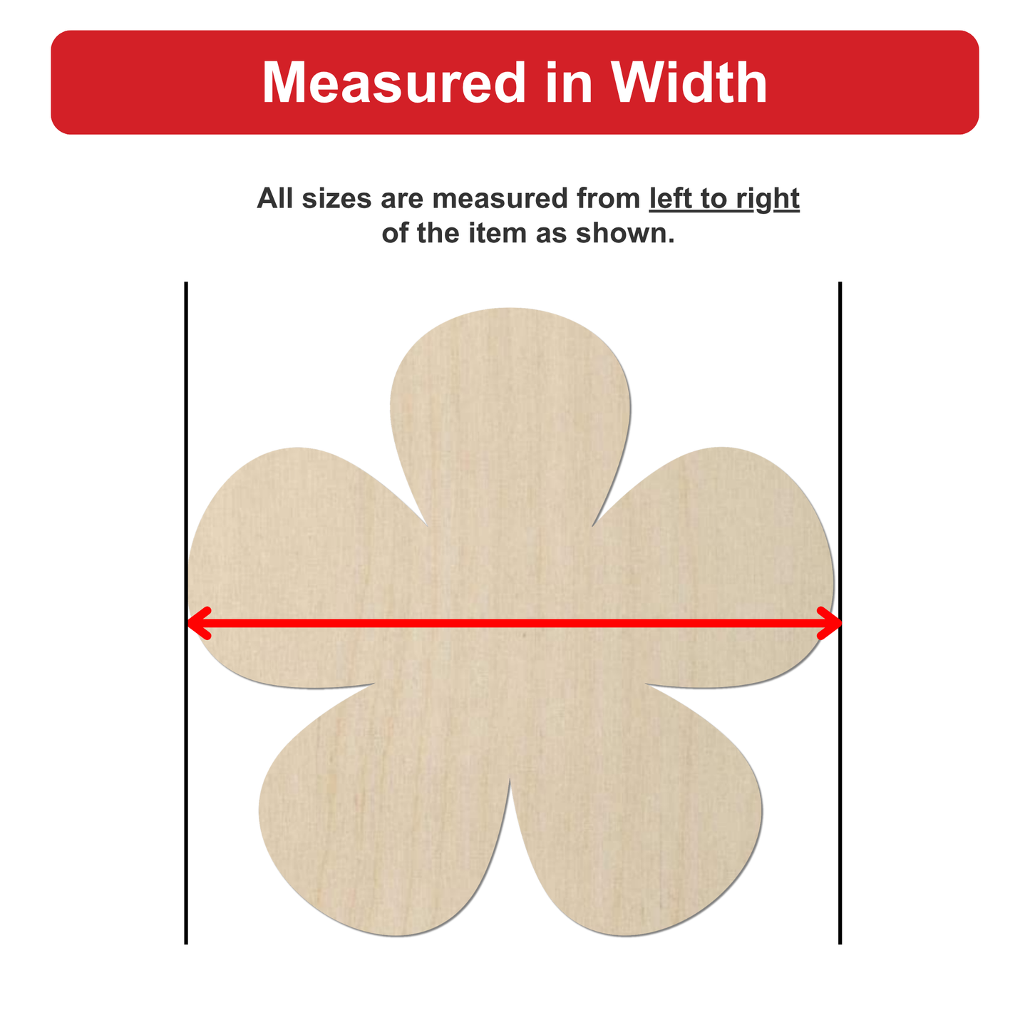 a wooden flower-shaped object, with a red line drawn between two points to indicate the width of the object.