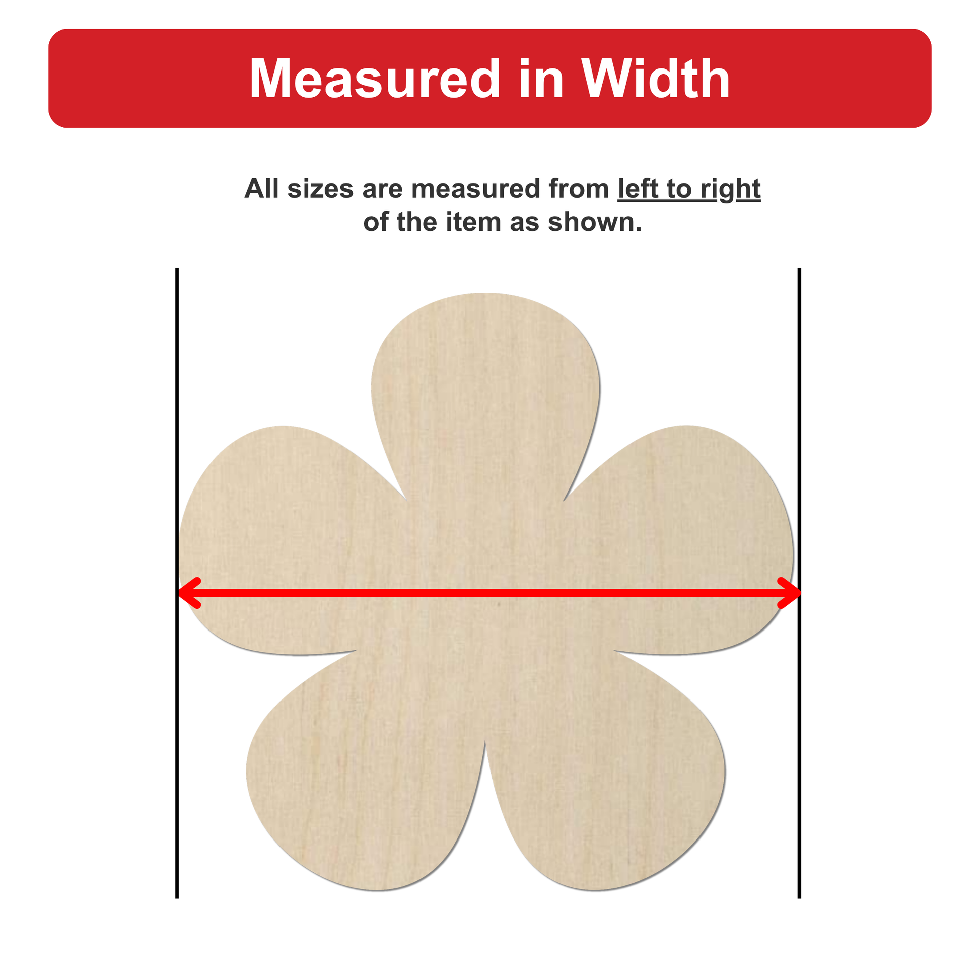 a wooden flower-shaped object, with a red line drawn between two points to indicate the width of the object.