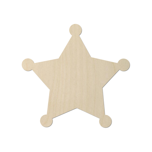 A wooden star-shaped object with five circular dots on each side.