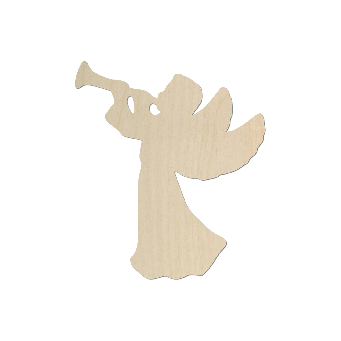 A wooden silhouette of an angel holding a trumpet.