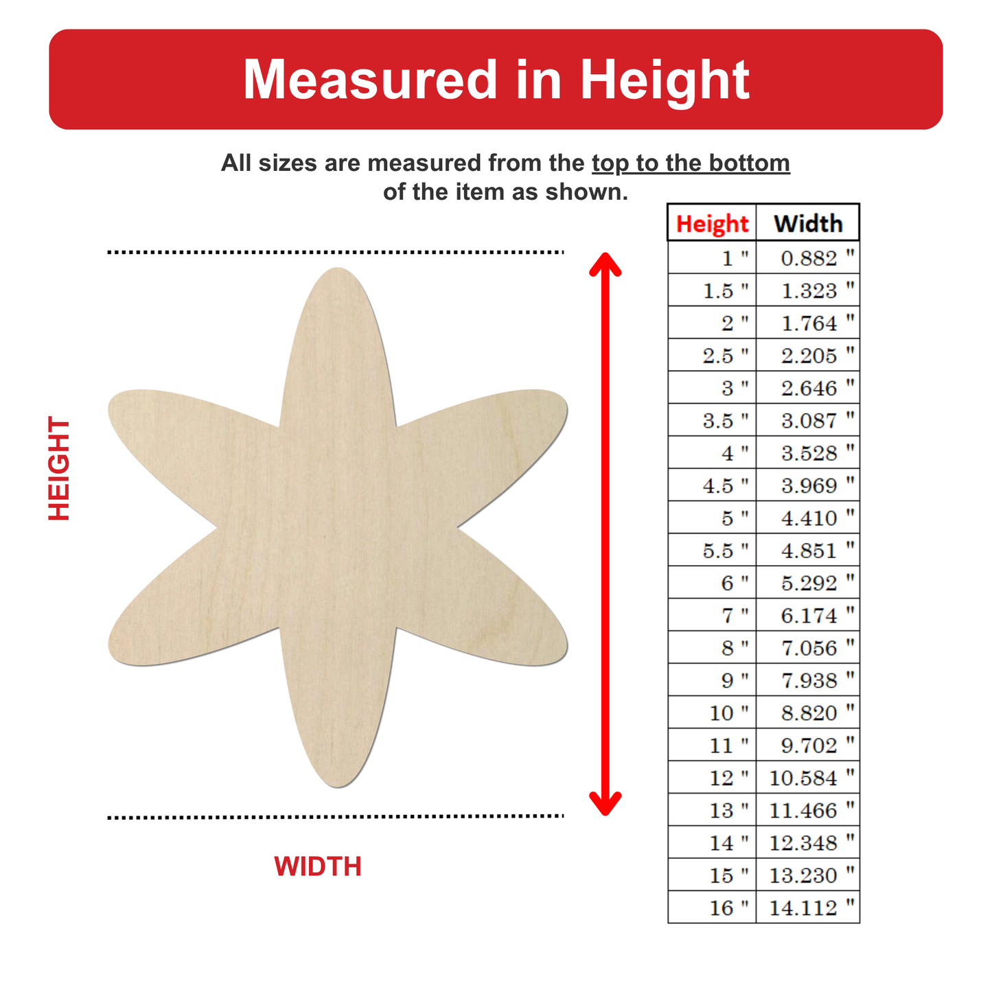 The image is a single, large wooden star-shaped object that is being measured in height and width.