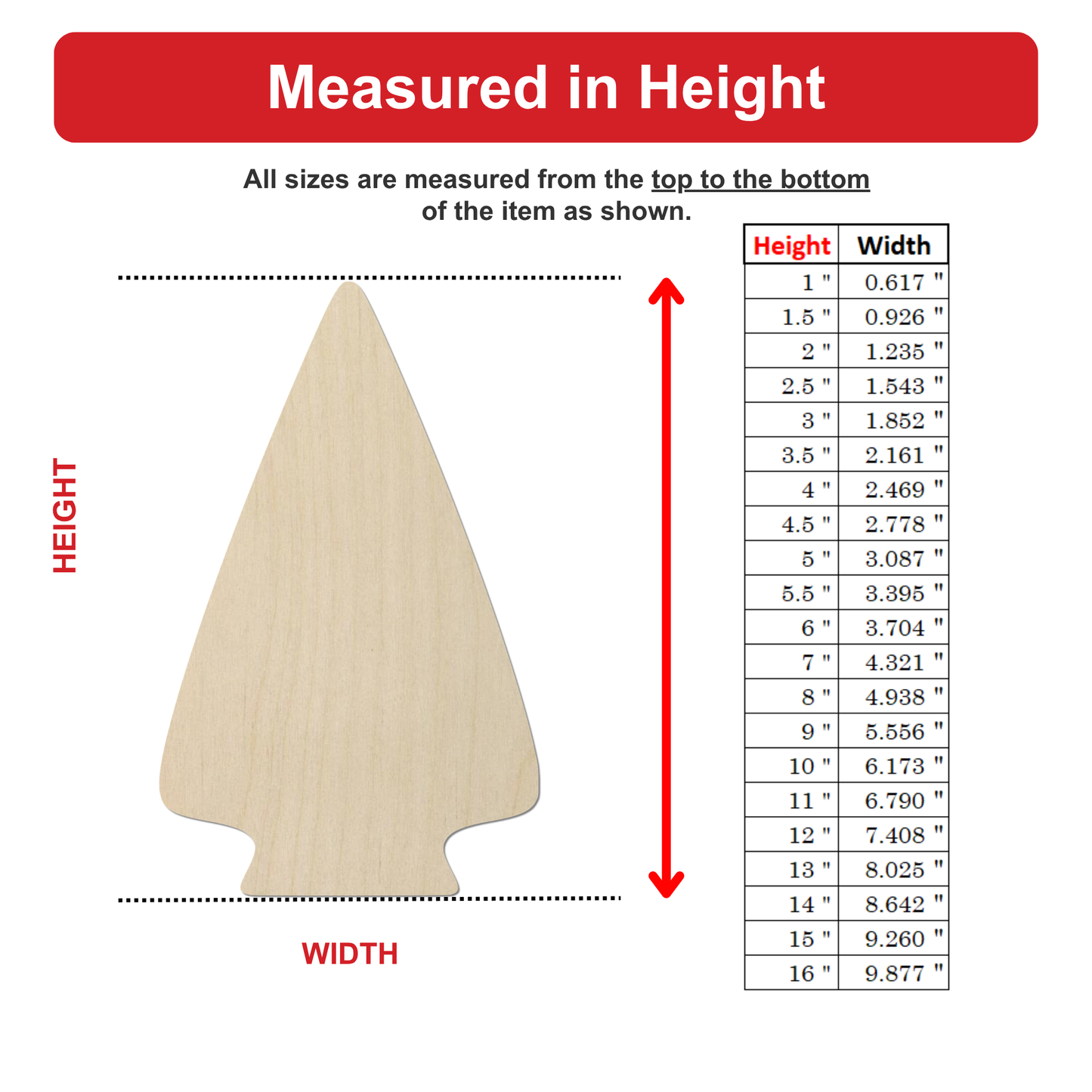 The image is a single image that shows a wooden arrowhead with measurements and a table of corresponding widths.