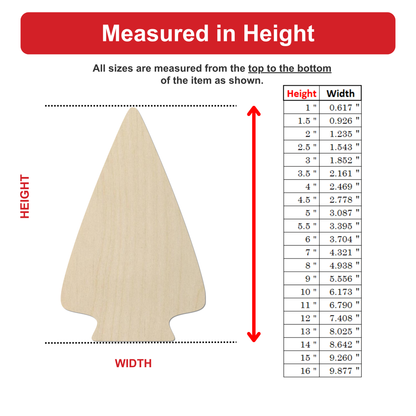The image is a single image that shows a wooden arrowhead with measurements and a table of corresponding widths.