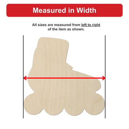 a wooden roller skate with a red line drawn between two points, indicating that all sizes are measured from left to right of the item as shown.