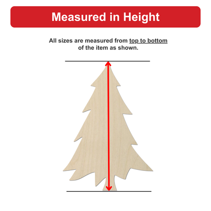 a wooden Christmas tree with a red line extending from the top to the bottom of the tree, indicating that all sizes are measured from top to bottom of the item shown.