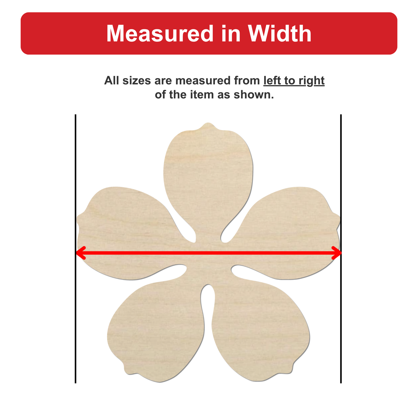 a wooden flower-shaped object, with a red line drawn between two points to indicate the width of the object.