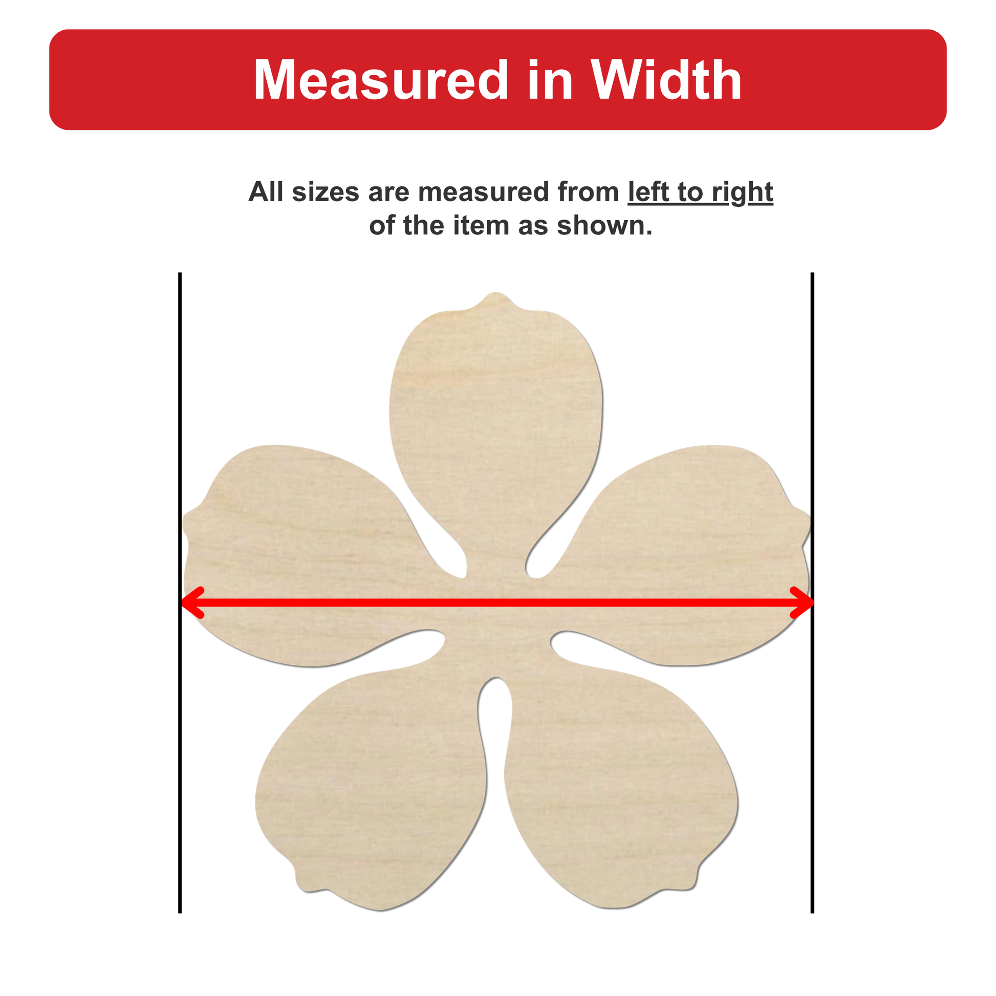 a wooden flower-shaped object, with a red line drawn between two points to indicate the width of the object.