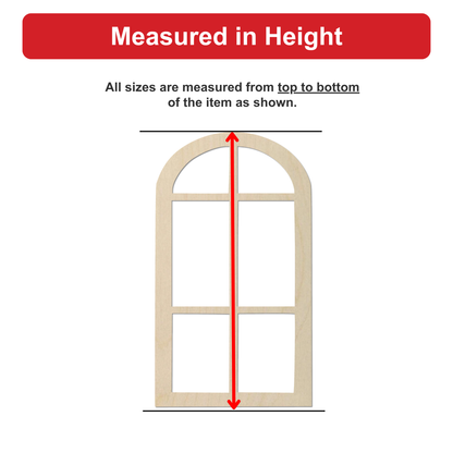 a wooden window frame with measurements drawn on it, indicating that all sizes are measured from top to bottom of the item shown.
