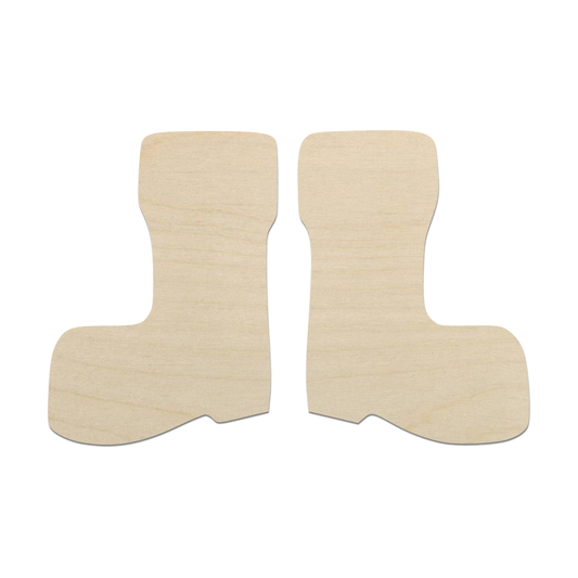 two identical light brown wooden boot silhouettes.