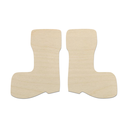 two identical light brown wooden boot silhouettes.