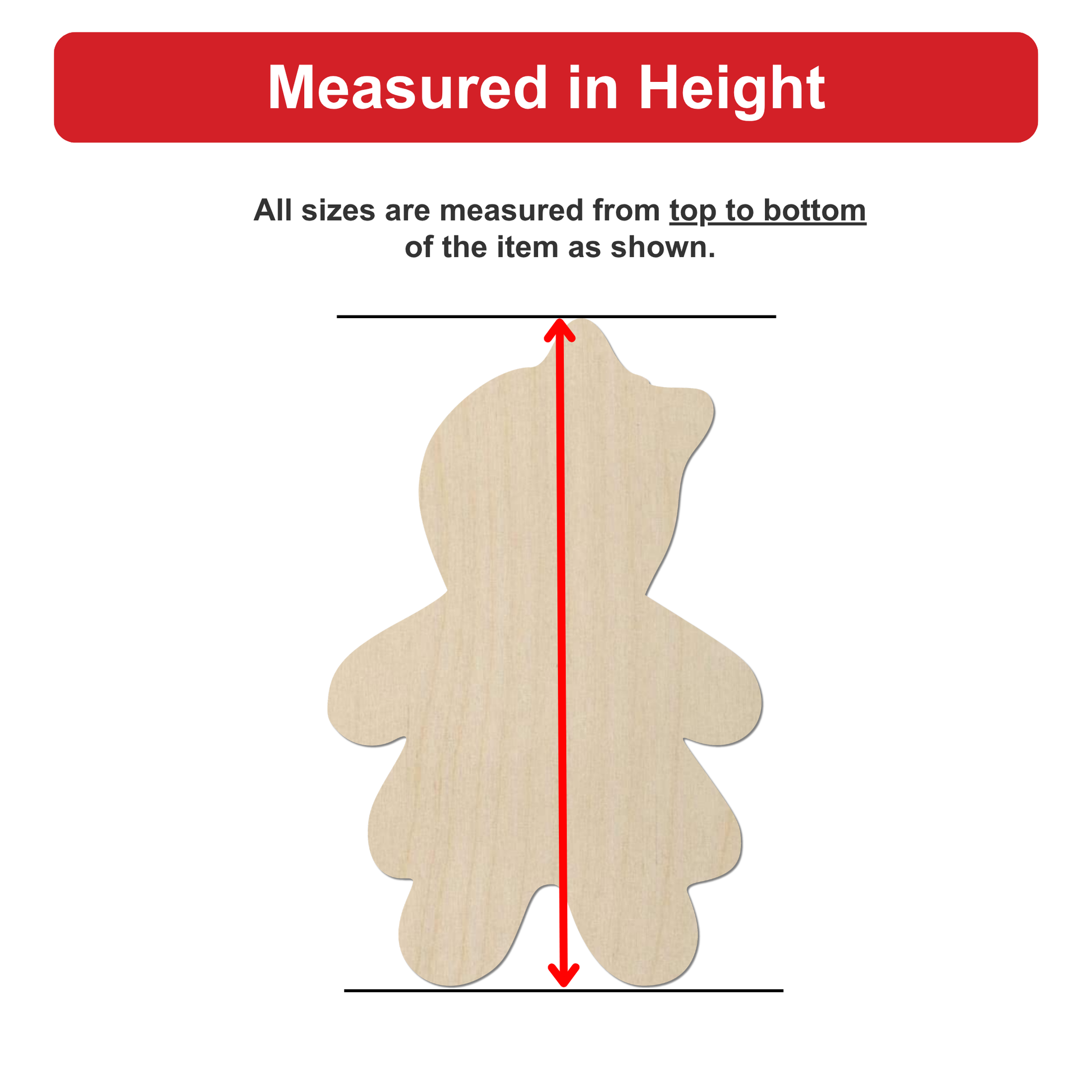 a wooden figure, likely a teddy bear, with measurements drawn on it.