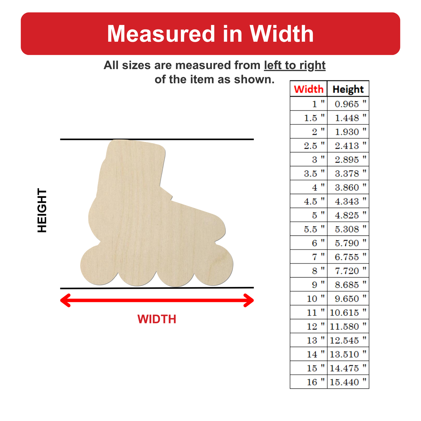 The image is a diagram that shows the measurements of a wooden object, likely a skateboard or rollerblades, with a table below it. The diagram and table provide a visual representation of the object's width in inches or centimeters, with corresponding height measurements. The image is designed to provide a clear and concise description of the object's dimensions.