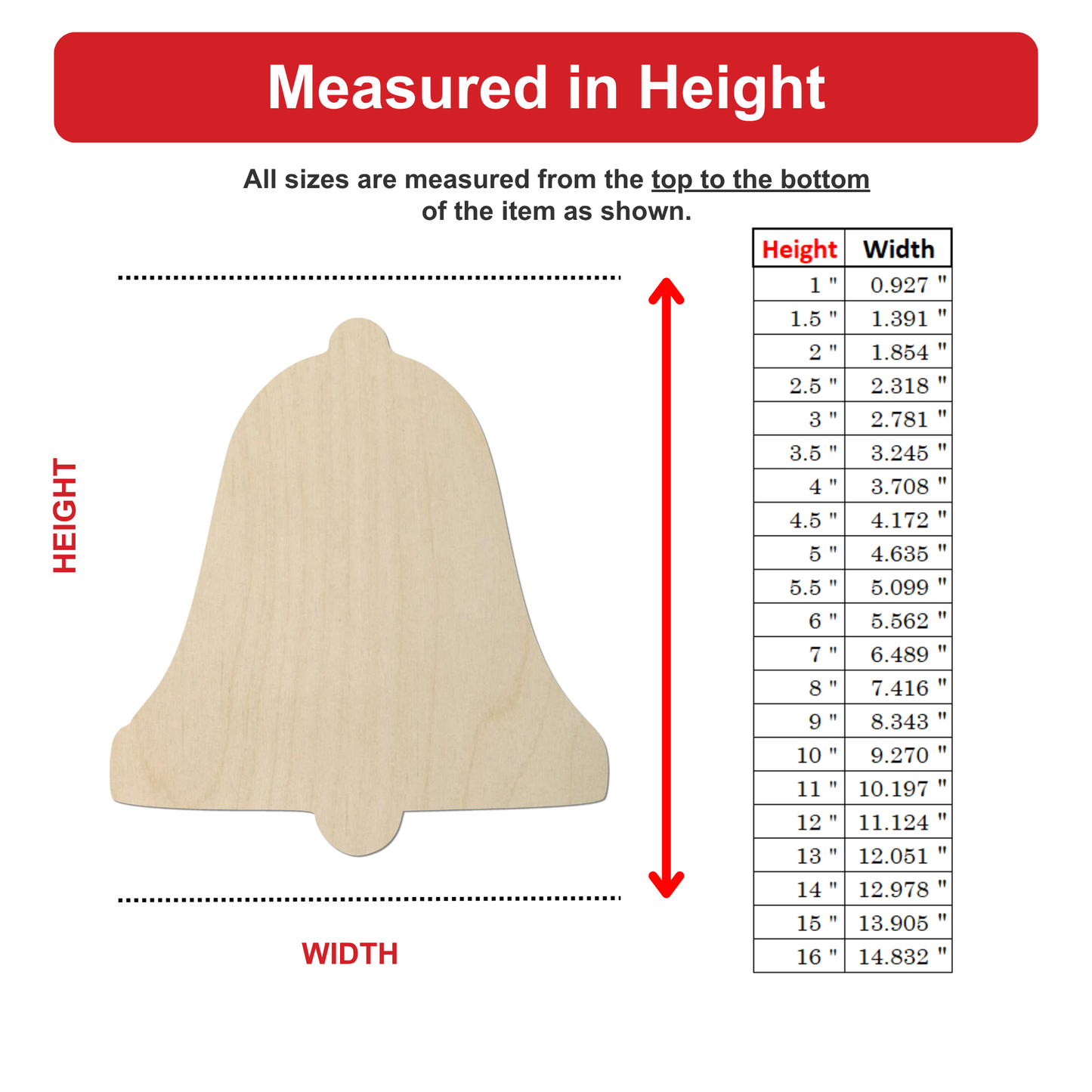The image is a diagram that shows the relationship between the height and width of an item, with a bell-shaped object as the main visual element. The diagram provides a visual representation of how the height and width of the item are measured, with the height being measured from the top to the bottom of the item, and the width being measured from the bottom to the top of the item.