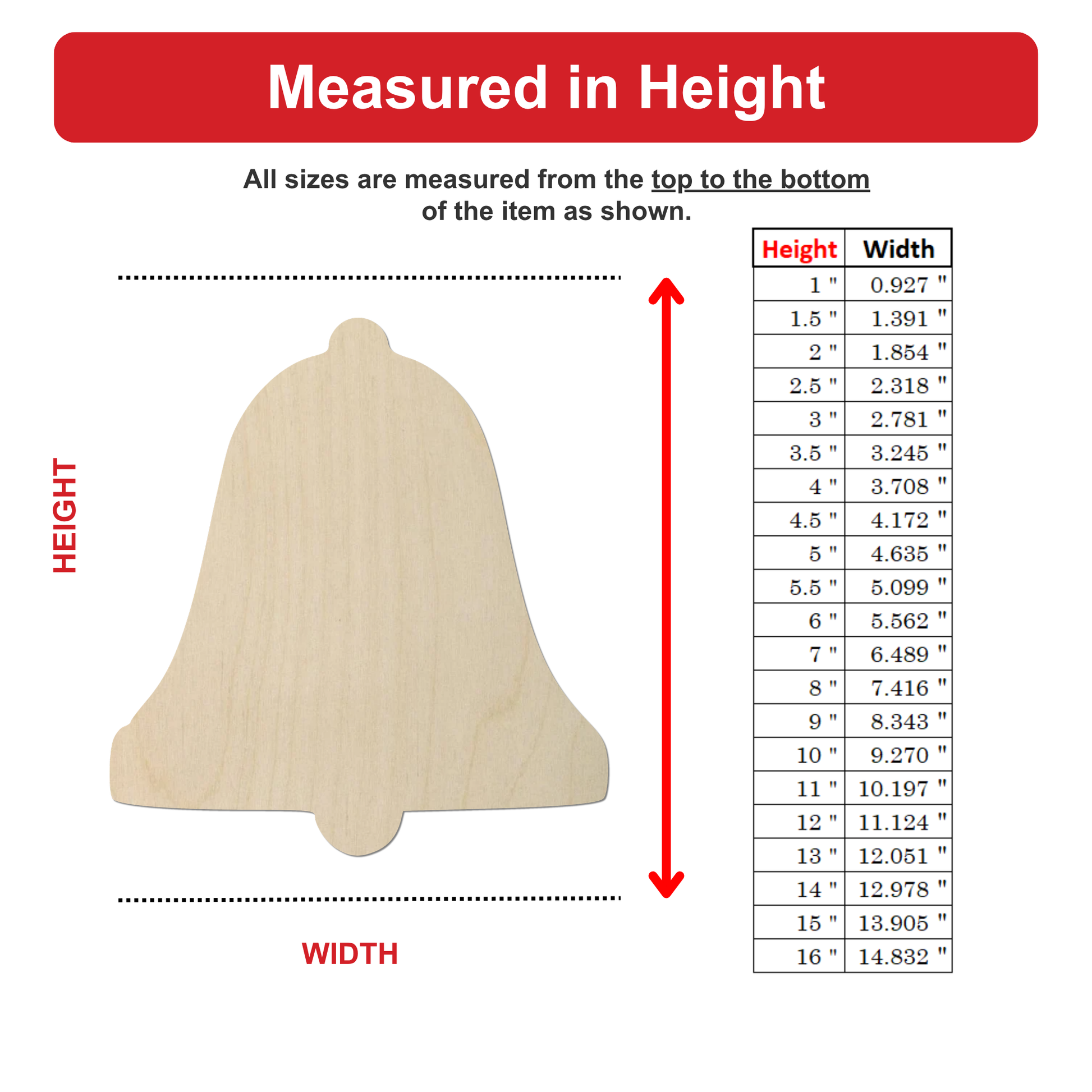 The image is a diagram that shows the relationship between the height and width of an item, with a bell-shaped object as the main visual element. The diagram provides a visual representation of how the height and width of the item are measured, with the height being measured from the top to the bottom of the item, and the width being measured from the bottom to the top of the item.