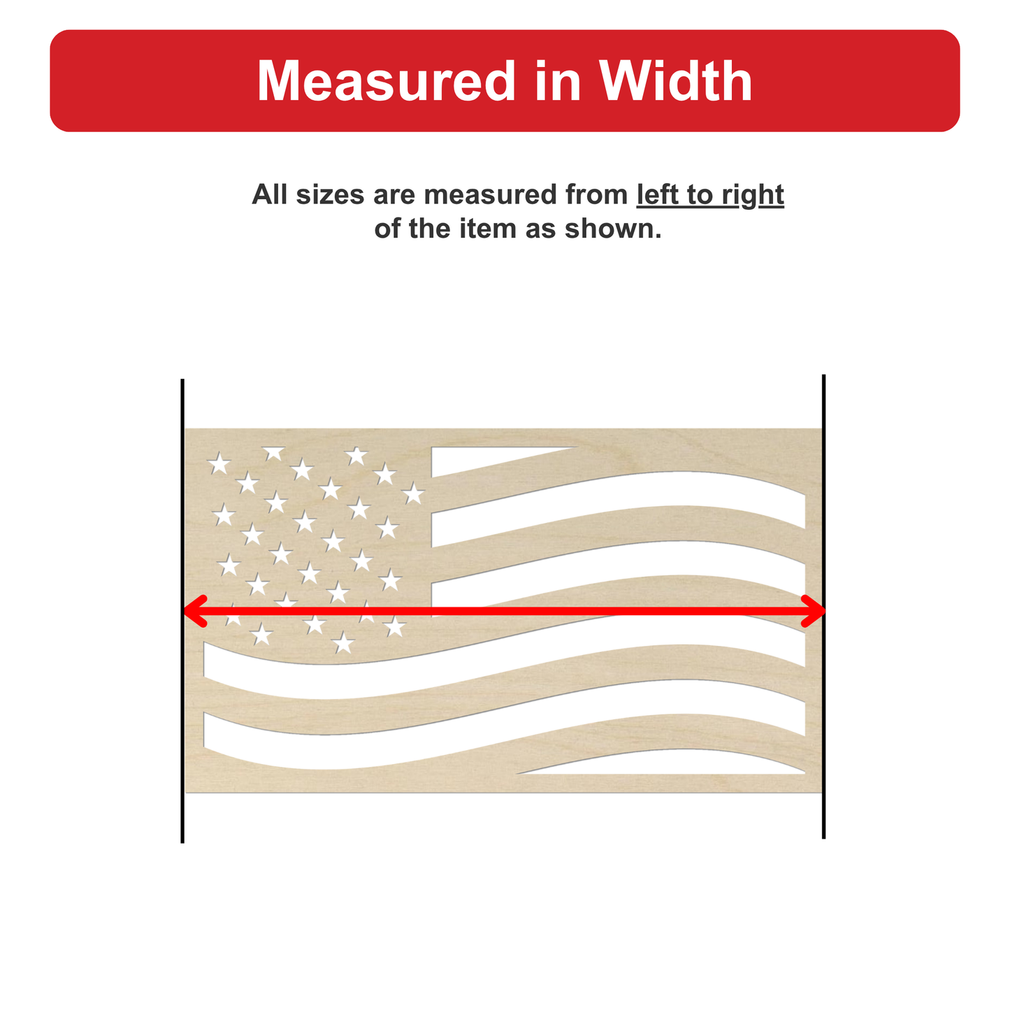 a wooden flag with a red stripe, measuring from left to right.