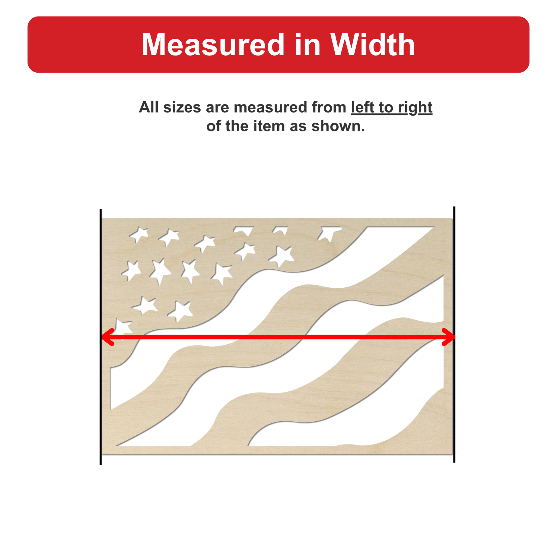a wooden flag with a red stripe, measuring approximately 6 inches wide.