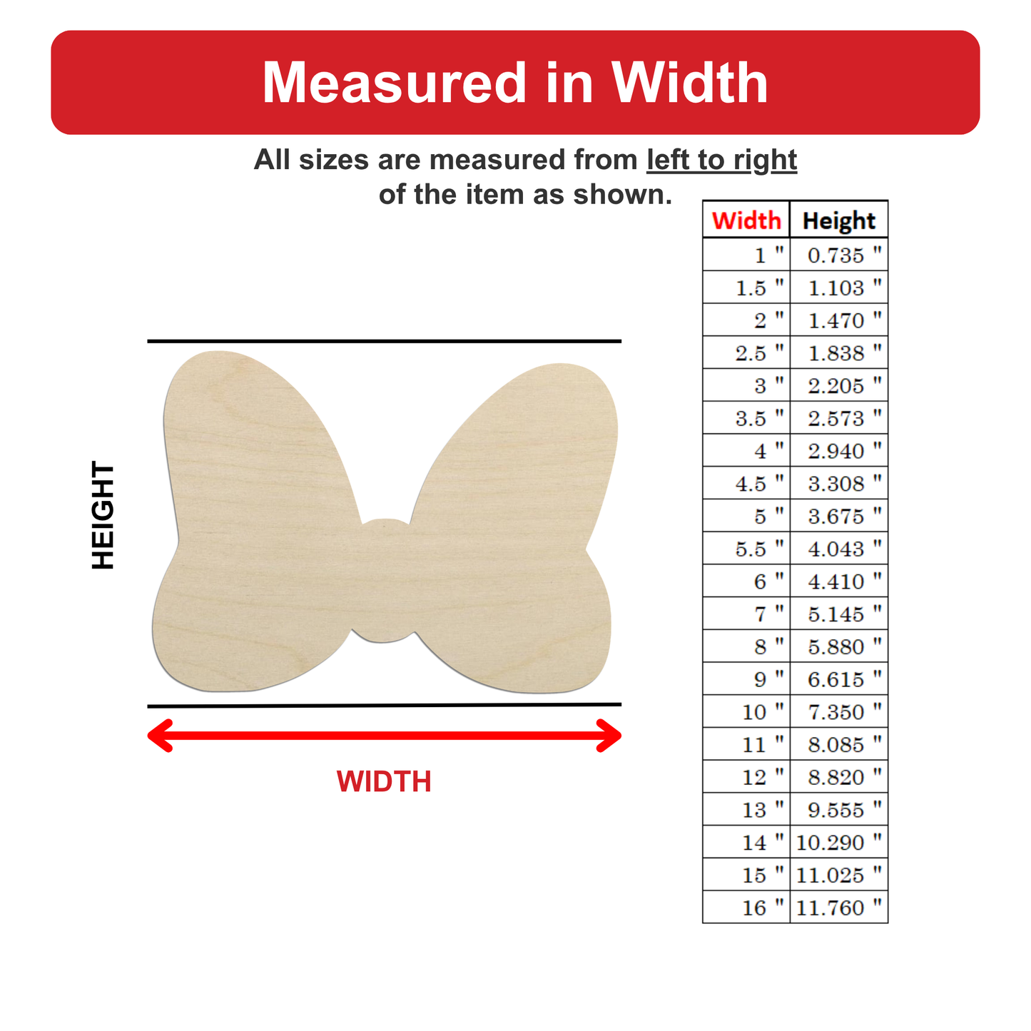 a wooden butterfly-shaped object, with measurements provided in inches. The butterfly is depicted in various sizes, ranging from 1" to 16" in width. The image is a single, labeled object, and there are no additional texts or descriptions provided.