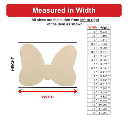 a wooden butterfly-shaped object, with measurements provided in inches. The butterfly is depicted in various sizes, ranging from 1" to 16" in width. The image is a single, labeled object, and there are no additional texts or descriptions provided.