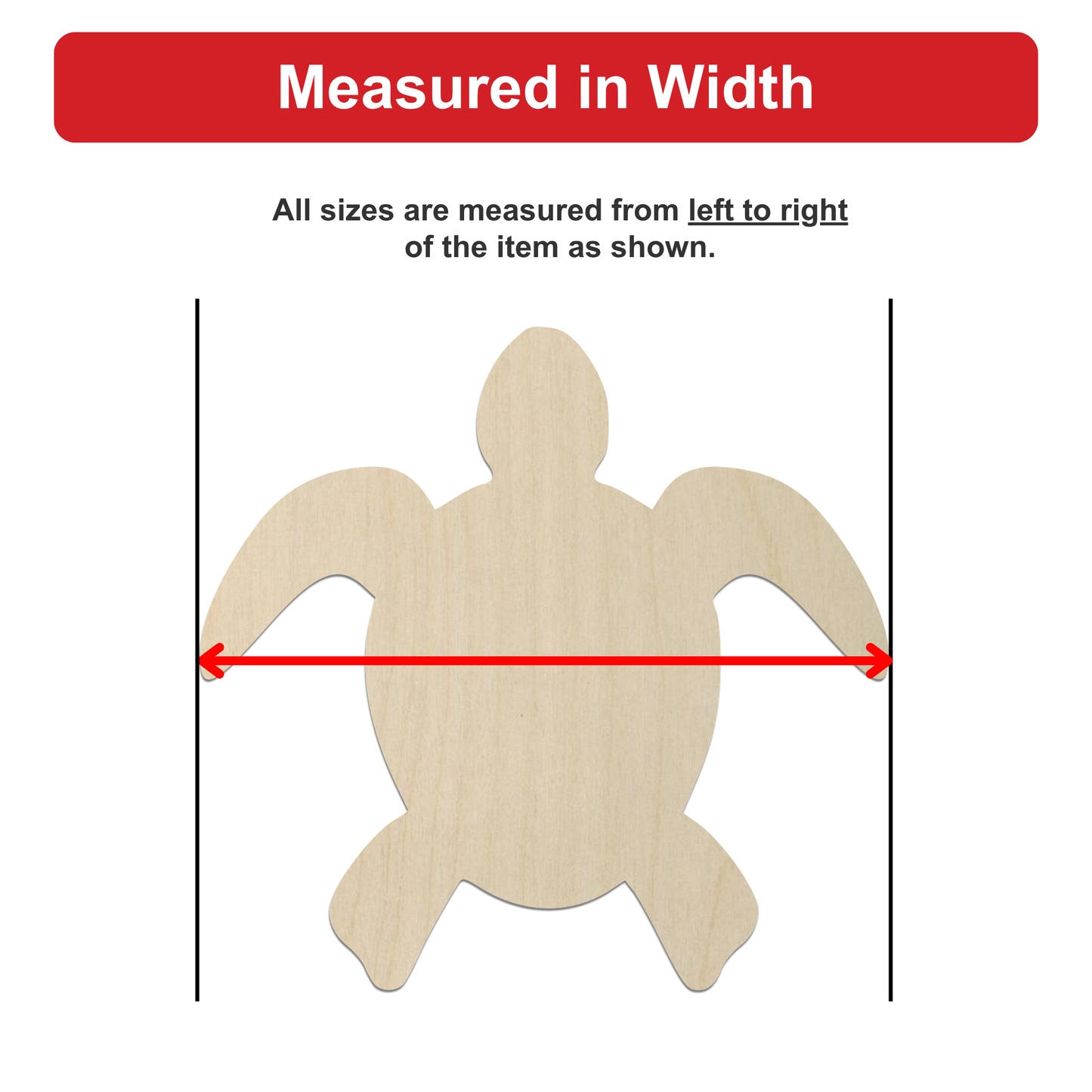 a wooden turtle with a red line extending from the left to the right side of the turtle, indicating that all sizes are measured from left to right of the item as shown.