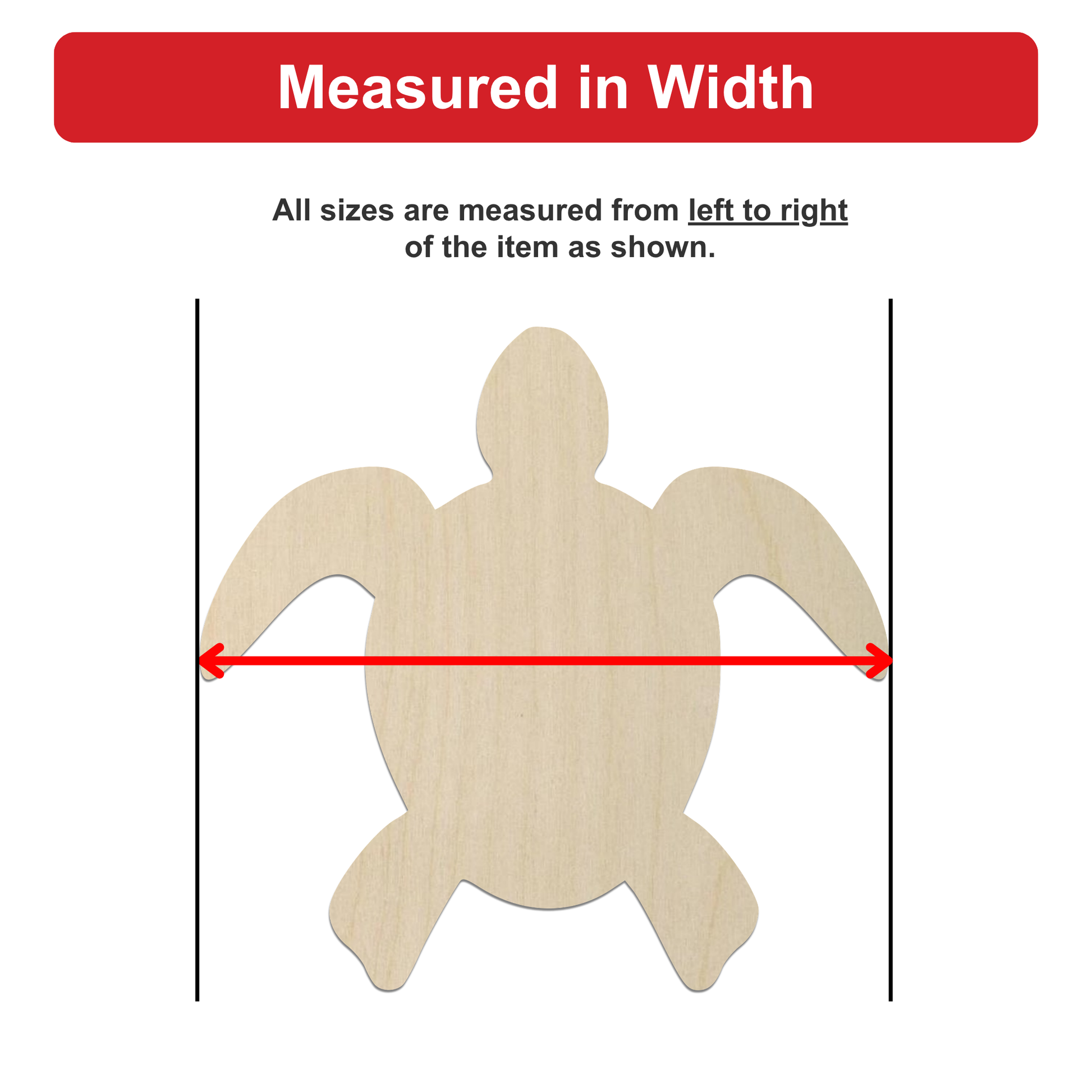 a wooden turtle with a red line extending from the left to the right side of the turtle, indicating that all sizes are measured from left to right of the item as shown.