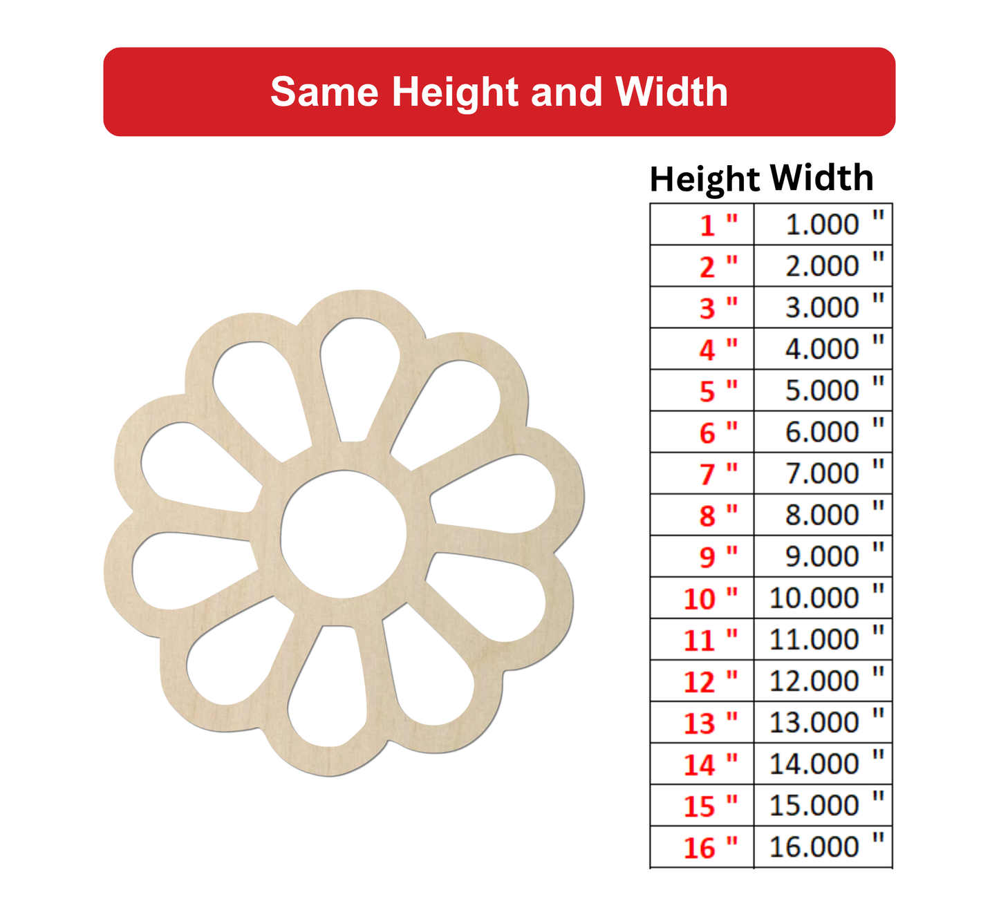 a wooden flower-shaped object with a table below it providing the corresponding height and width measurements.