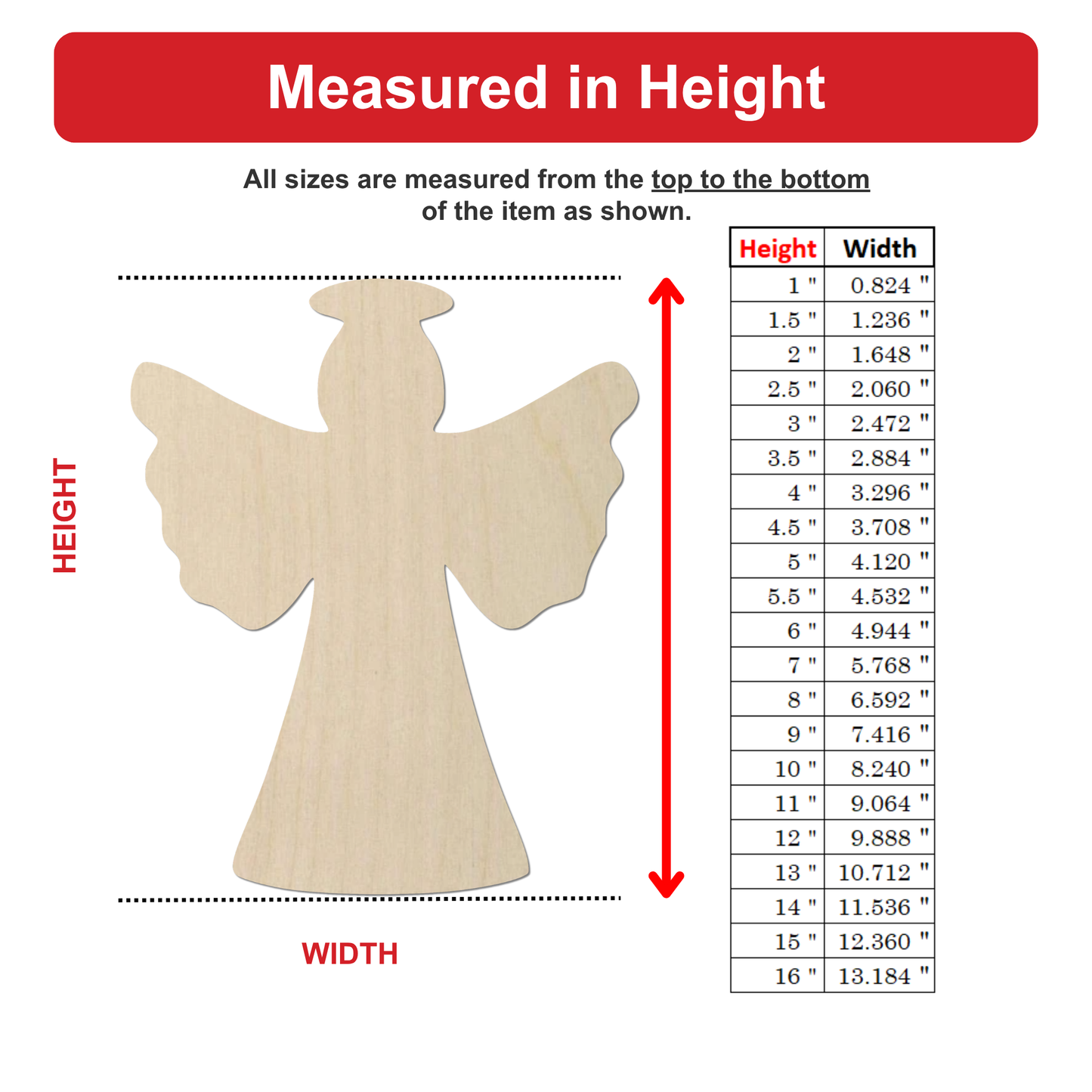 The image is a detailed diagram that provides measurements for a wooden angel figure. It includes a table with height and width measurements for different sizes of the angel, ranging from 1 to 16 inches. The image is a clear representation of the dimensions and features of the wooden angel, allowing for a precise understanding of its size and proportions.