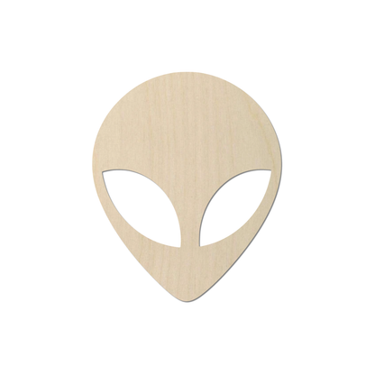A simple wooden alien head silhouette against a white background.
