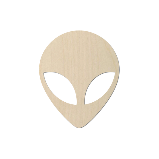 A simple wooden alien head silhouette against a white background.