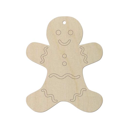 A wooden gingerbread man figure with a smiling expression.