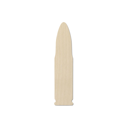 A single wooden bullet pointing straight up against a white background.