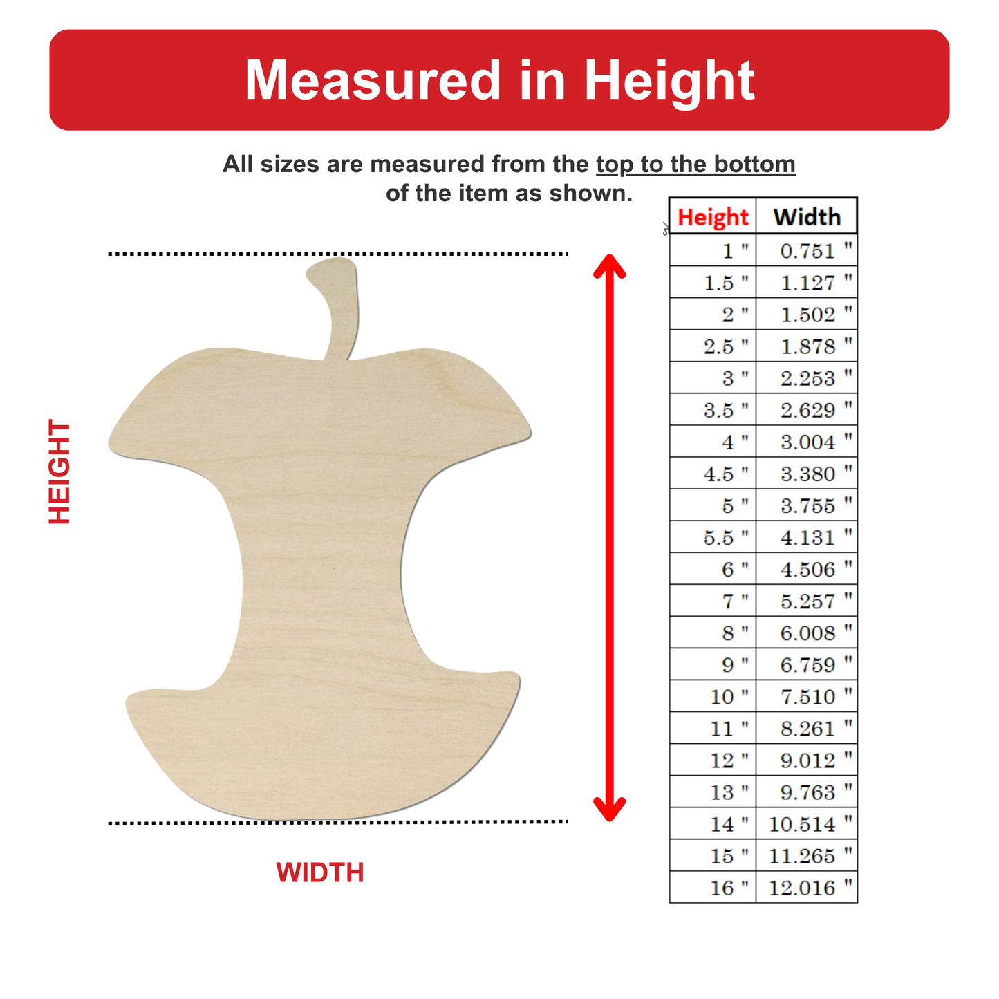 The image is a wooden apple with a table of measurements next to it, indicating the height and width of the apple in inches.