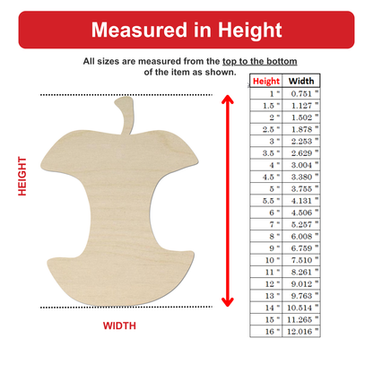 The image is a wooden apple with a table of measurements next to it, indicating the height and width of the apple in inches.