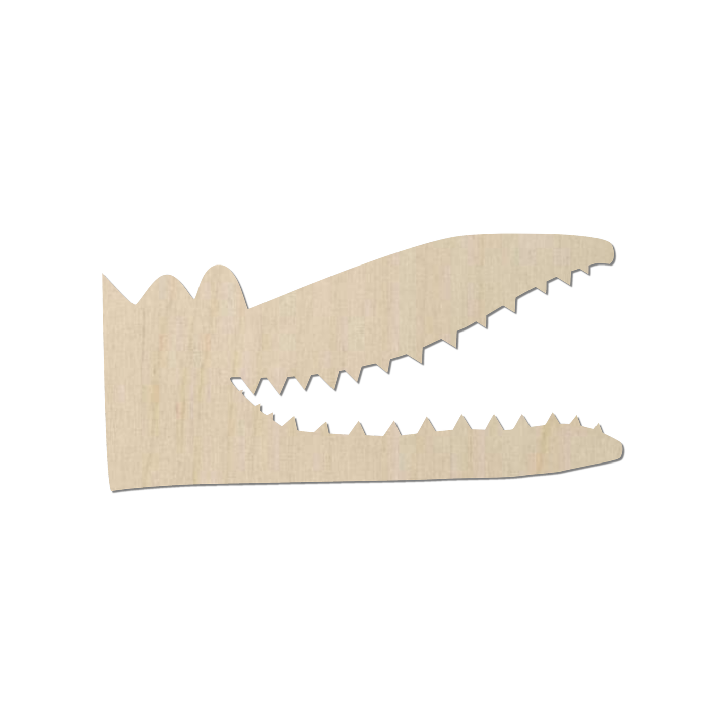 A simple wooden crocodile head silhouette is shown against a white background.