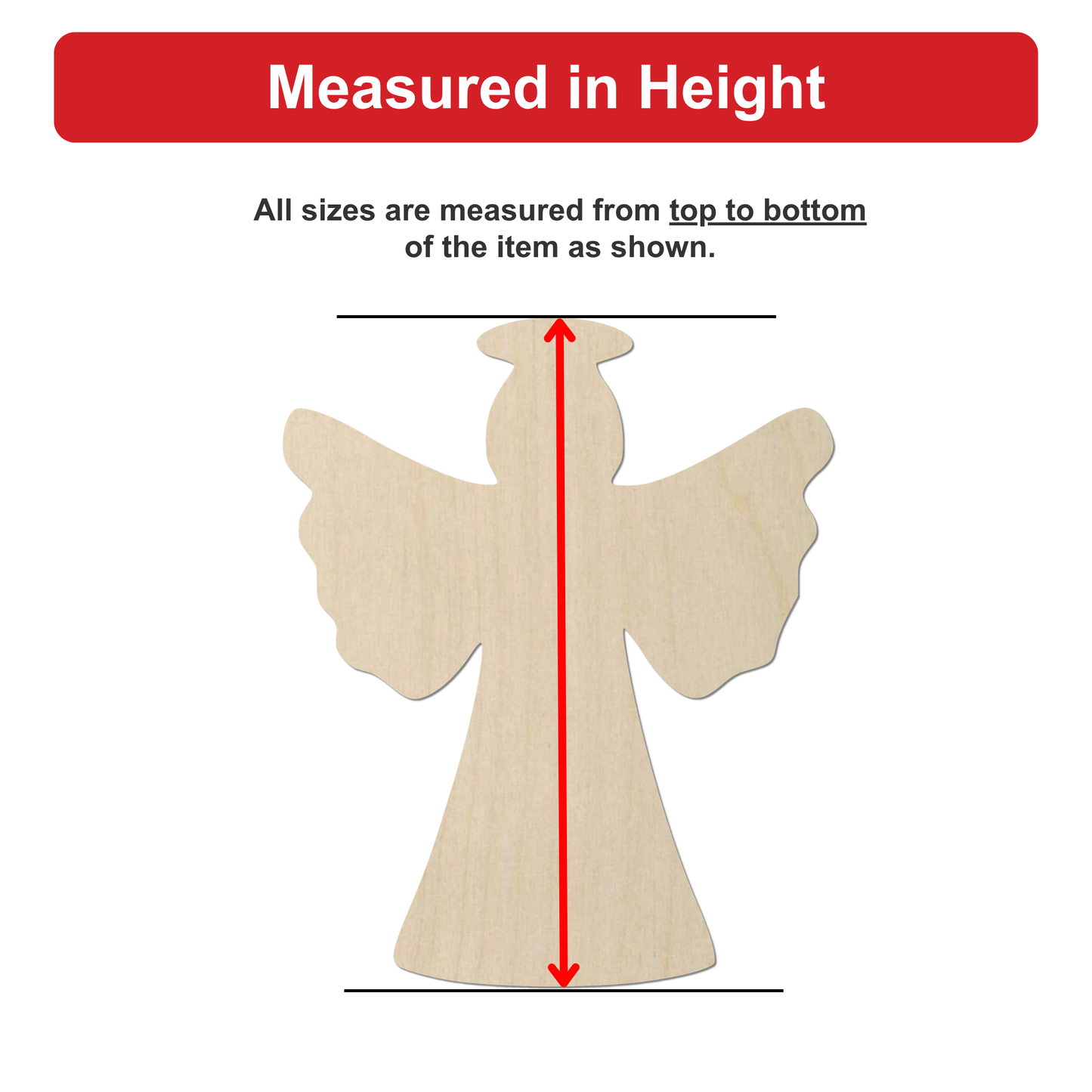a wooden angel figure, with measurements provided in inches.