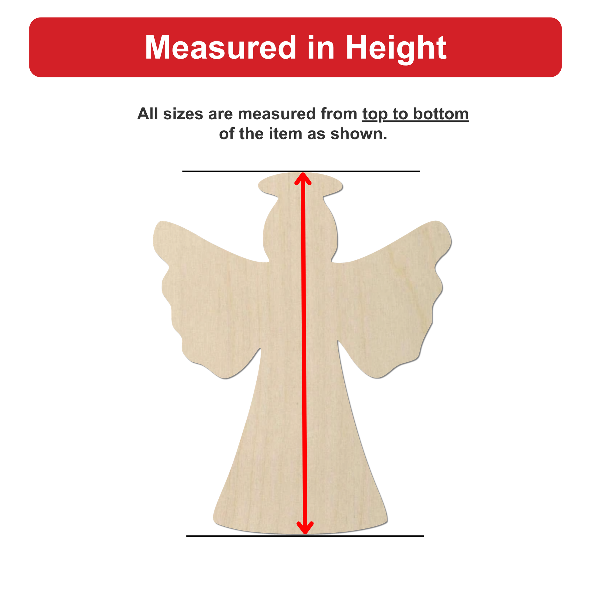 a wooden angel figure, with measurements provided in inches.