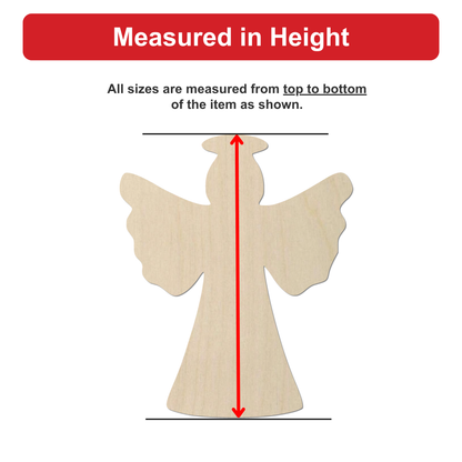 a wooden angel figure, with measurements provided in inches.