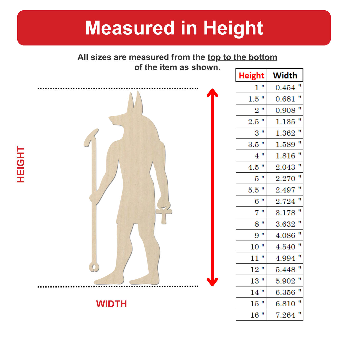 The image is a diagram that shows the measurements of a wooden figure, likely a statue or sculpture, with a table below it providing the corresponding height and width values.
