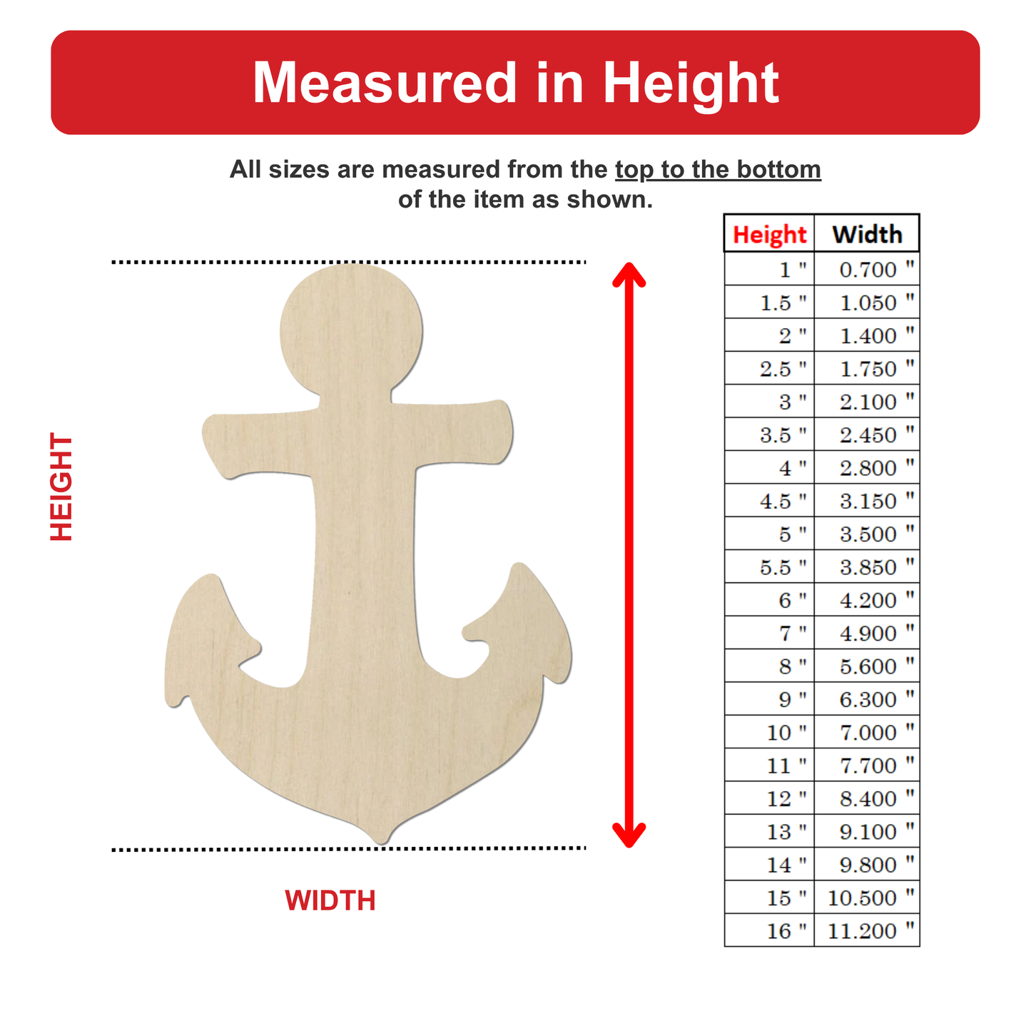 The image is a wood model or diagram that shows the dimensions of an object, such as an anchor, from the top to the bottom. The object is depicted in a wooden shape, and the image provides a visual representation of the object's size and dimensions.