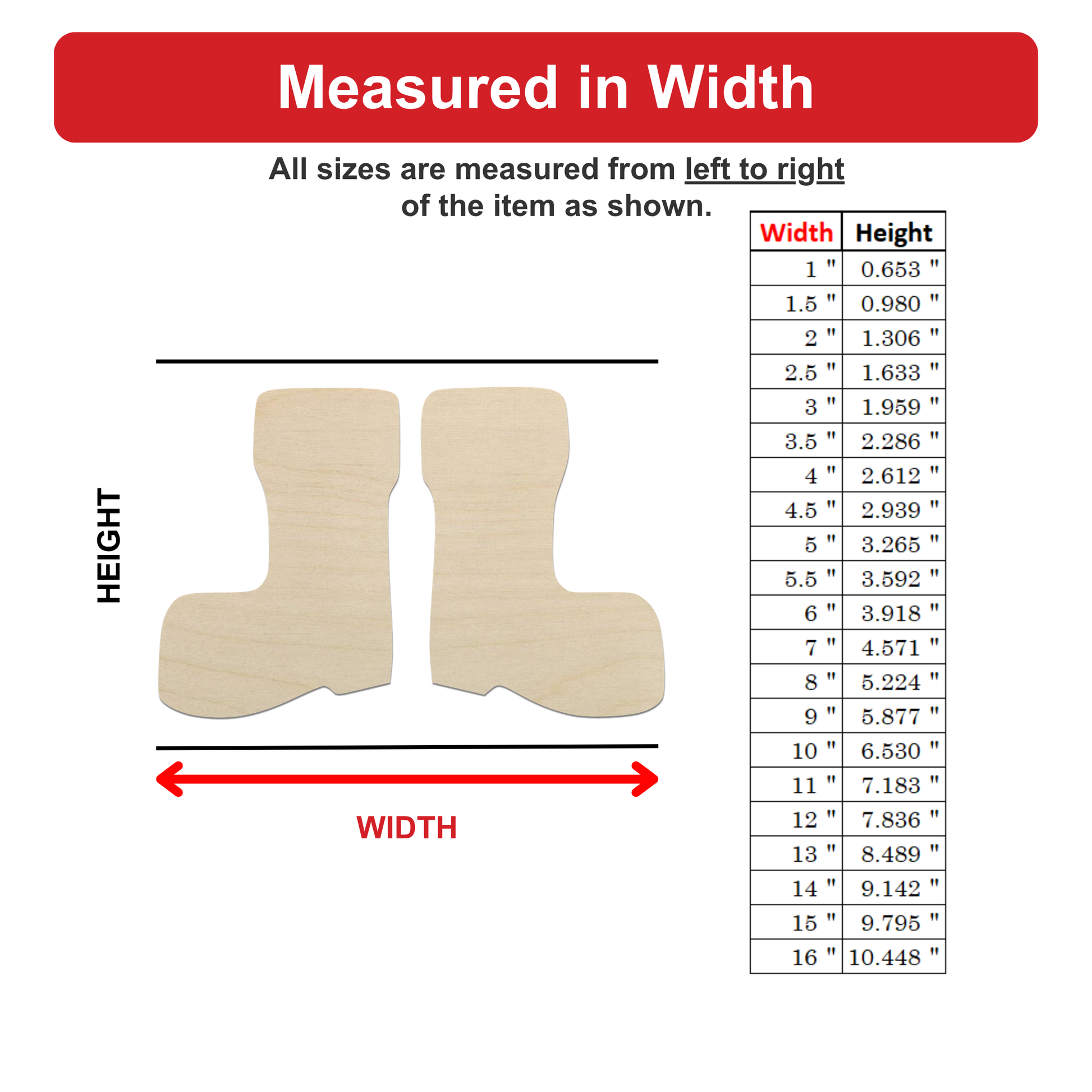 a pair of wooden boots, with measurements provided for each size. The boots are shown from left to right, and the width of the boots is measured from left to right.